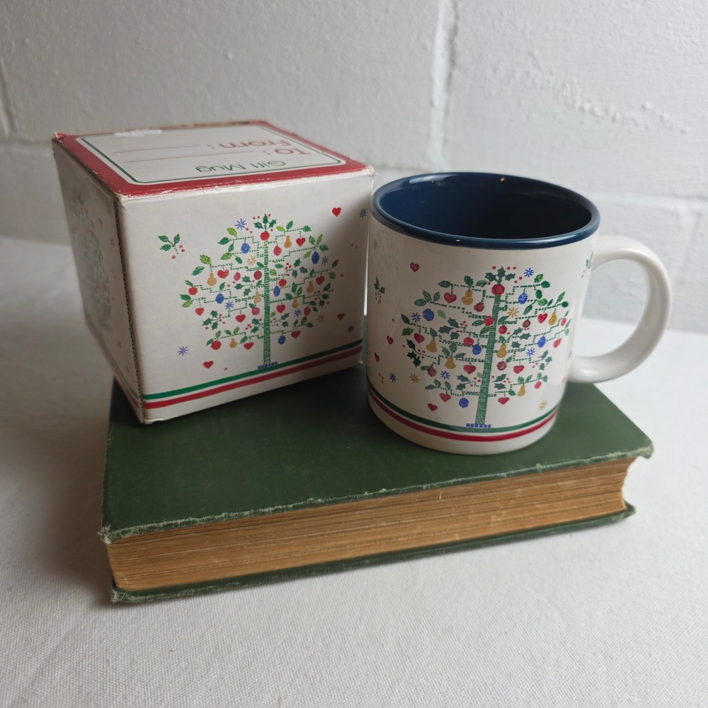 Vintage 1987 Potpourri Press Christmas Mug Partridge Pear Tree Navy Blue Boxed
